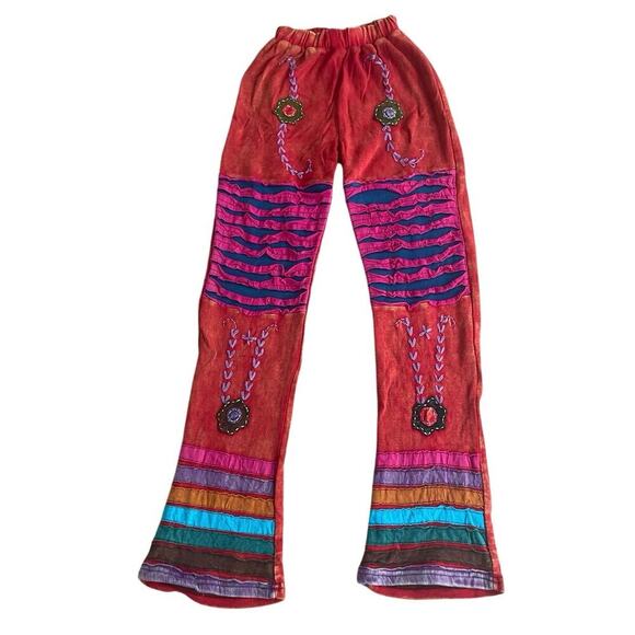 Y2K 90’s Groovy Hippie Pants Embroidered Patchwork Gypsy Colorful Sz S Flare - Picture 12 of 14